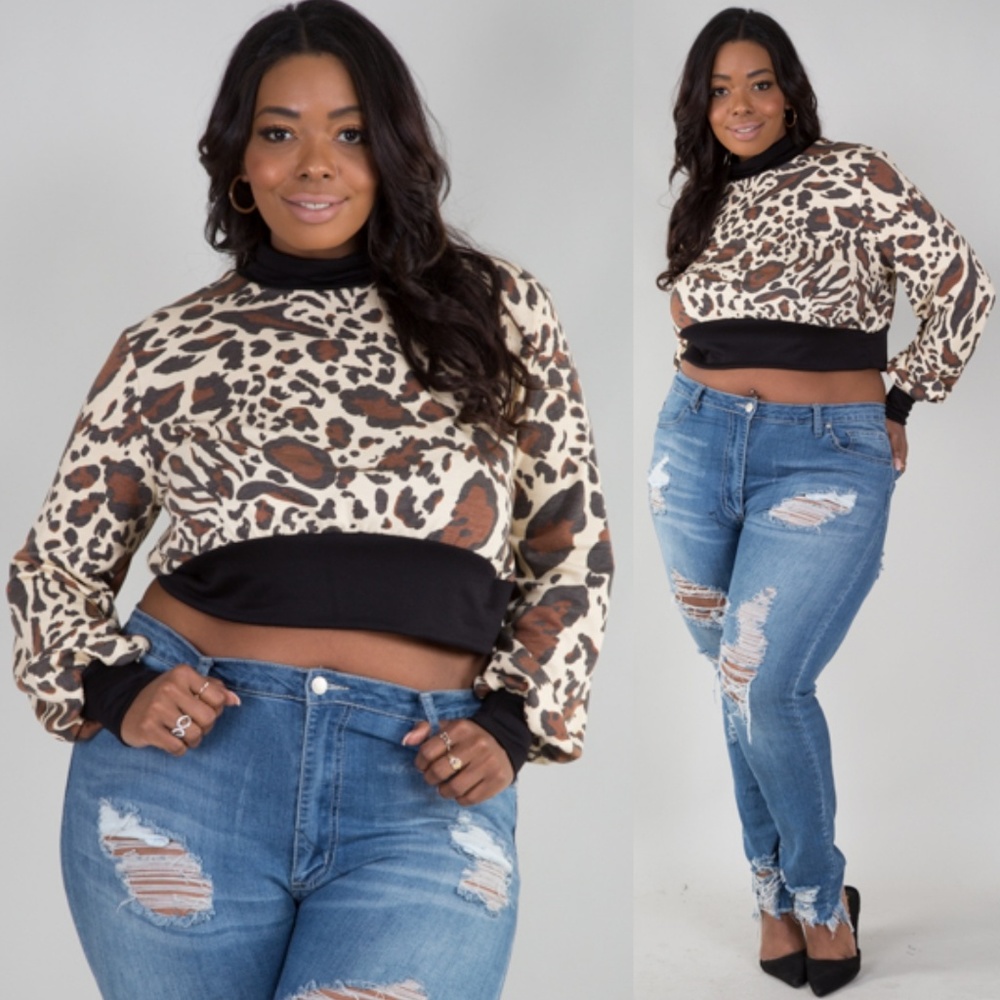 123x Mock Neck Long Sleeve Animal Printed Crop Top